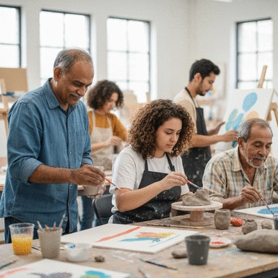 Diverse group of people attending an art workshop, engaged in painting and sculpting, community art, no text, no words, no typography