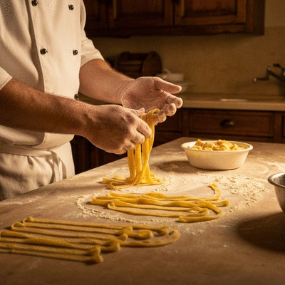 Italian chef preparing fresh pasta in a traditional kitchen