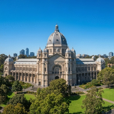 The grand exterior of the Royal Exhibition Building in Carlton Gardens