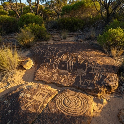 Ancient Indigenous rock art and carvings in a natural Australian landscape, symbolizing the Wurundjeri people's connection to the land, no text, no words, no typography, clean image, 8K