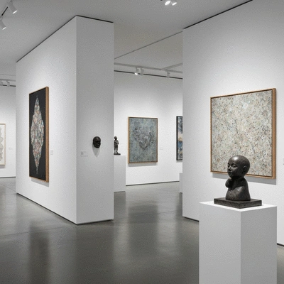 Modern art gallery interior in Carlton featuring diverse contemporary artworks and a clean minimalist aesthetic