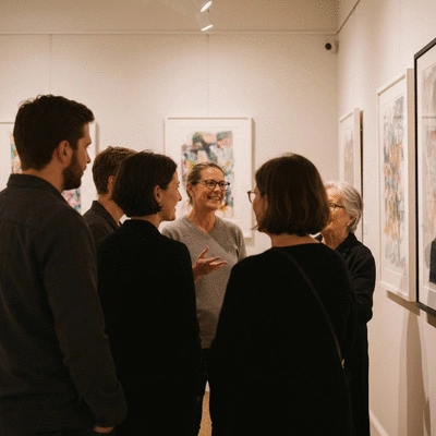 Art lovers chatting with a local artist during a gallery opening in Carlton