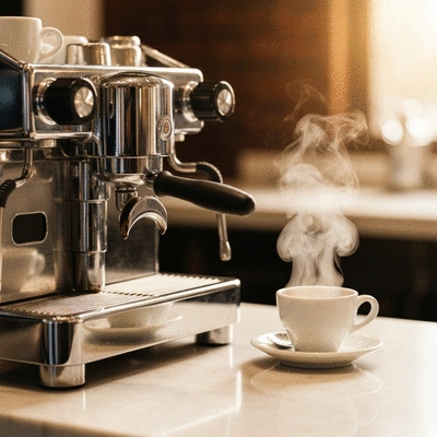 Traditional Italian espresso machine and ceramic cups on a marble bar top