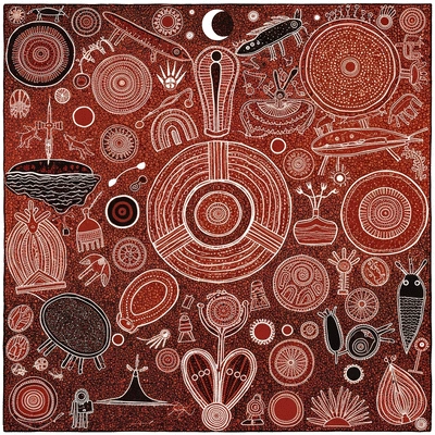 Detailed illustration of Aboriginal art symbols representing connection to land and nature, clean image, no text, no words, no typography, no labels