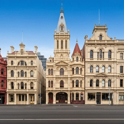Historical 19th-century buildings in Carlton, Melbourne, with classic architectural details, reflecting colonial expansion and urban development, no text, no words, no typography, clean image, 8K