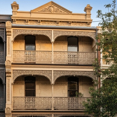 Ornate Victorian terrace house facade in Carlton with decorative ironwork