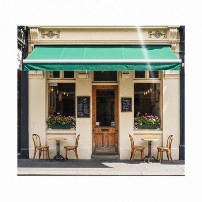 Vintage Italian cafe storefront in Carlton with outdoor seating