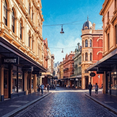 Artistic oil painting style depiction of a historic Italian-influenced street in Carlton with vibrant colors