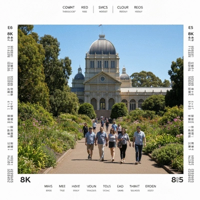 People strolling through Carlton Gardens near a cafe