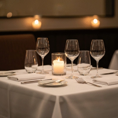 Elegant romantic dinner table with candles and wine glasses