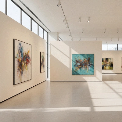 Modern art gallery interior with diverse abstract art on display, natural light, no text, no words, no typography