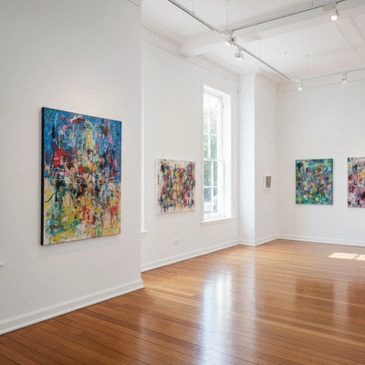 Modern art gallery interior with paintings on white walls