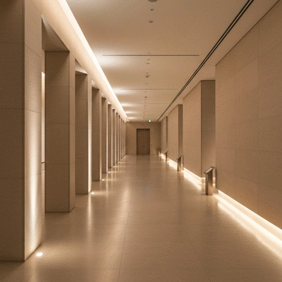 People admiring art in a spacious museum hallway