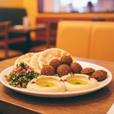 Artistic presentation of Middle Eastern falafel platter with hummus and pita