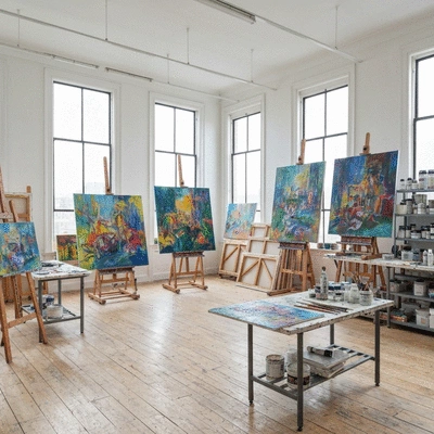 Interior of a bright sunlit independent art studio in Carlton with canvases and paints