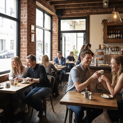 Cozy cafe interior in Carlton with warm lighting and people enjoying coffee